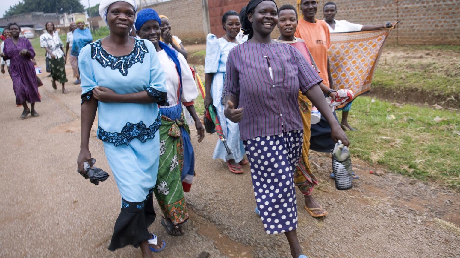 Female coffee sorters in Uganda on their way to the sorting house at Mbale.